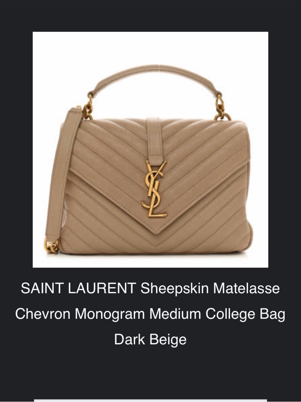 100% AUTH YSL Saint Laurent Dark Beige Sheepskin Matelassé Chevron College Bag - Picture 2 of 14